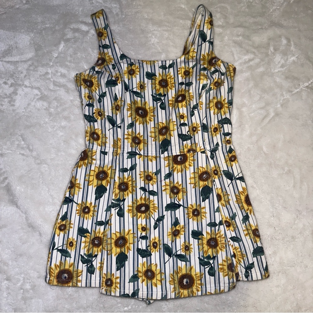 Vintage California Concepts Floral Striped Denim Sunflower Romper Size 7